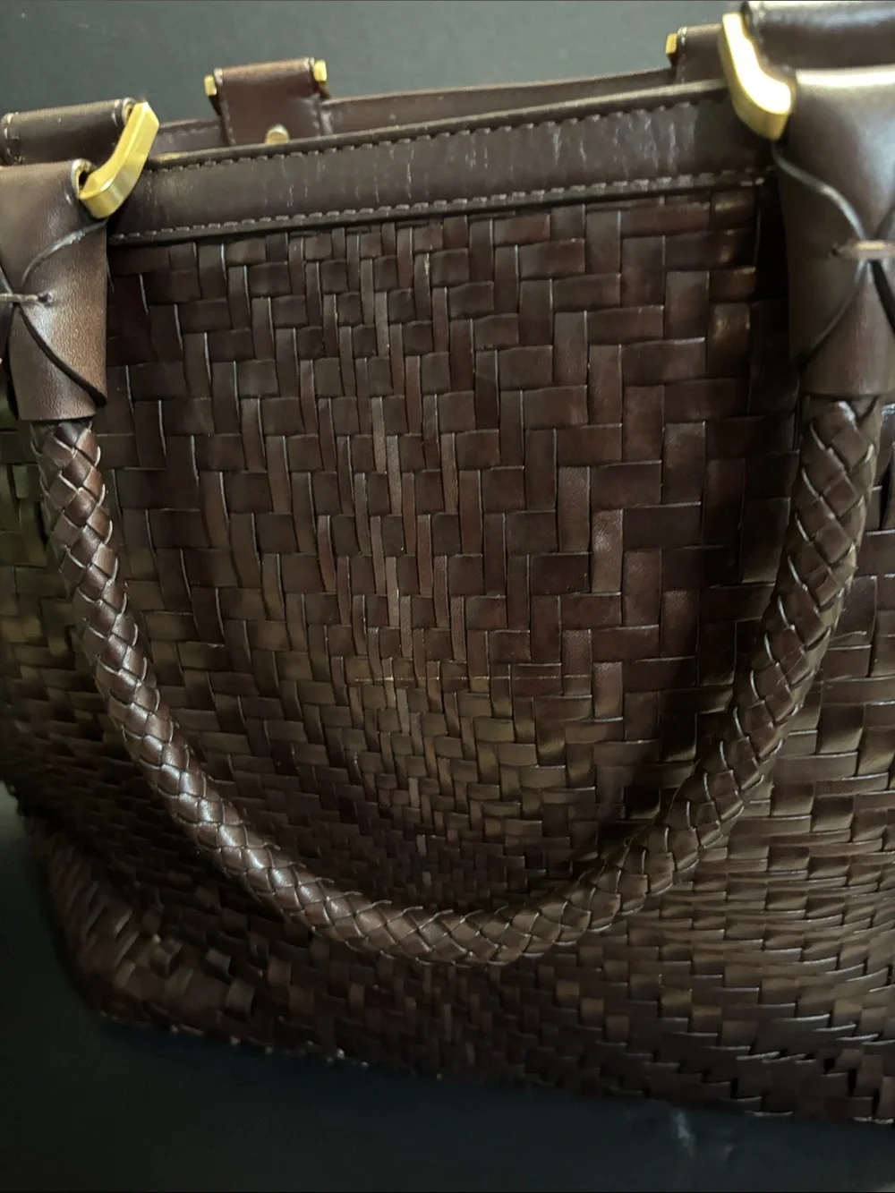 Cole Haan -Woven Leather Tote — Chocolate Brown with Gold Hardware